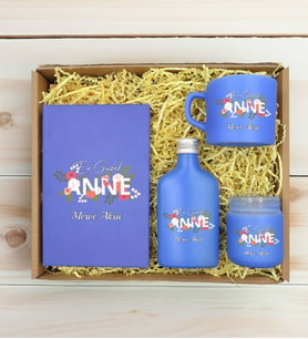 BK Gift Kişiye Özel İsimli DTF Anne Temalı Mavi Defter & Kahve Fincanı & Kolonya & Mum Hediye Seti-1, Anneye Hediye, Anneler Günü Hediyesi