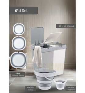6'lı Banyo Seti Çamaşır Sepeti Katlanır Badya Katlanır Kova Katlanır Maşrapa BPA Free