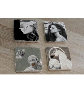 Tasarım Heykel At ve Kadın Portreler Doğal Taş Bardak Altlığı 4'lü set - Natural Stone Coasters