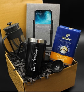 Kişiye Özel Çelik Termos & French Press & 250 Gram Tchibo Proffesional Special Filtre Kahve & Cepli Defter Hediye Seti