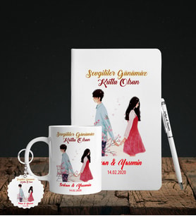 Sevgililer Gününe Özel Defter Kalem Kupa & Süblimasyon Anahtarlık Hediye Seti 27