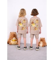 Cg Kids Capybara Unisex Kız Çocuk & Erkek Çocuk Alt Üst Takım Süper Kalite Sırt Baskı Detaylı (Krem)