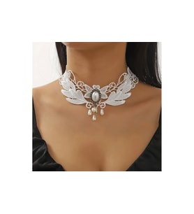 Gotik Choker. Bohem Stil Beyaz Dantel kolye. Beyaz Boncuk detaylı
