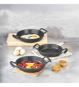 3'lü Döküm Sahan Seti, 3'lü Yumurta, Omlet Tavası, 3 Boy Döküm Siyah Granit Sahan Tava (22cm-20cm-18cm)