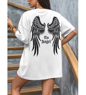pilelistore- Baskılı Oversize Bisiklet Yaka T-shirt - Beyaz