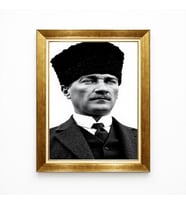 Tablore Atatürk Kalpaklı Siyah Beyaz Tablo - Varaklı Altın Çerçeve Milli Mücadele Serisi