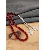 Gümüş Kazaz Püsküllü 8x12mm Kapsül Kesim Ateş Kehribar Tesbih (Çok Renkli)