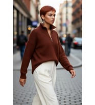 Kadın Oversize Düşük Kol Fermuarlı Dik Yaka Triko Selanik Örgü Basic Uzun Kollu Kazak Kaliteli