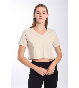 Maraton Regular Kadın V Yaka  Bej- Crop Top