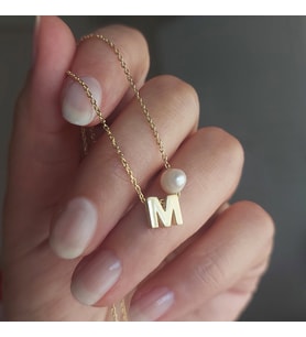 925 Ayar Gümüş Minimal Harfli İnci Kolye (Gold)