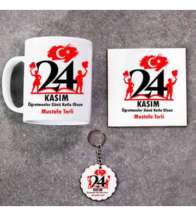 24 Kasım Öğretmenler Günü Kutlu Olsun Kupa Bardak Altlık ve Anahtarlık Hediye Seti (Model 1)