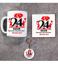24 Kasım Öğretmenler Günü Kutlu Olsun Kupa Bardak Altlık ve Anahtarlık Hediye Seti (Model 1)