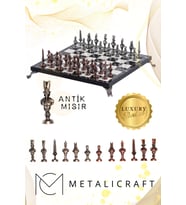 MC76 Antik Mısır Figürlü Metal Satranç Takımı - 30cm Mermer Desenli Tahta – El Yapımı Taşlar