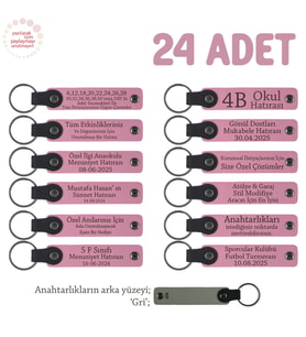Pembe & Gri, İlkokuldan Mezun Olurken Öğretmene, 24'lü Set, Hatıralık Kişisel Deri Anahtarlık