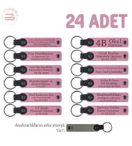 Pembe & Gri, İlkokuldan Mezun Olurken Öğretmene, 24'lü Set, Hatıralık Kişisel Deri Anahtarlık