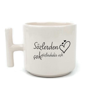 Sözlerden Çok Gözlerdedir Aşk Baskılı Beyaz Kulplu T Kupa