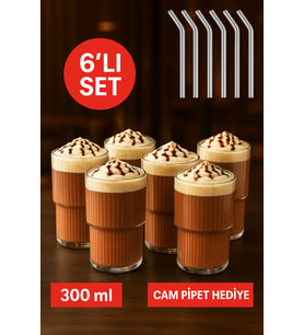 6'lı Cam Bardak Seti, Pipetli, 300 ml, Soğuk Kahve ve Kokteyl İçin