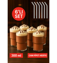 6'lı Cam Bardak Seti, Pipetli, 300 ml, Soğuk Kahve ve Kokteyl İçin