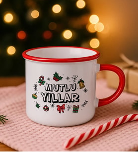 BK Gift Yılbaşı Tasarımlı Kırmızı Emaye Kupa Bardak -2, Arkadaşa Hediye, Yeni Yıl Hediyesi