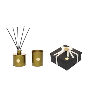 Yeşil Golden Glow 200 ml Oud Vanilya Oda Kokusu ve Mumluk Hediye Seti (Dekoratif Sıvama Kutulu)
