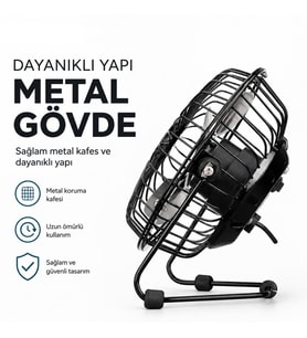 USB ŞARJLI - METAL GÖVDE 14.5X7.5X15CM MİNİ MASAÜSTÜ FAN - VANTİLATÖR EFN-482 (5680)