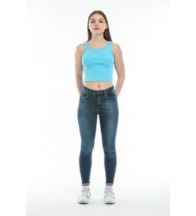Süperlife Kadın Crop Örme Slim Fit  Atlet-Tişort  SPR21Y12 (Mavi)