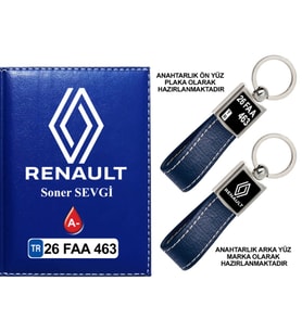 Plakanıza Özel Yeni Renault Logolu  Lacivert Ruhsat Kabı ve Anahtarlık