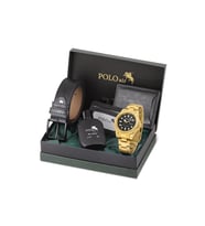 Polo Air Mercek Takvimli Erkek Kol Saati Kemer Cüzdan Kartlık Parfüm Seti Gold Siyah Renk PL-7075E7 (Altın-Siyah)