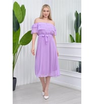 Neşeli butik kadın madonna yaka kuşaklı şifon elbise NB8060 - Lila