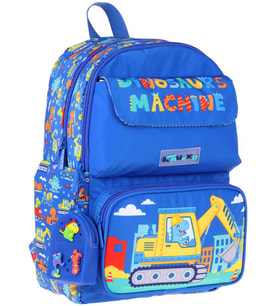Kaukko Kids Erkek Çocuk Dinazor ve İş Makinesi Baskılı Okul Çantası - Mavi - Sarı - Mechanic - L5369