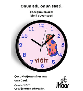 İsme Özel Sevimli Kedi Çocuk Odası Duvar Saati Orta Boy 30 cm Siyah Camlı Sessiz