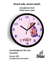 İsme Özel Sevimli Kedi Çocuk Odası Duvar Saati Orta Boy 30 cm Siyah Camlı Sessiz