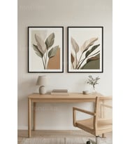 Minimalist Botanik Yaprak Desenli 2’li Ahşap Çerçeveli Tablo Seti