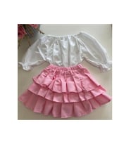 Kız Çocuk Pembe Fırfırlı Etek Balon Kol Bandana Set.-5 Yaş, (Açık Pembe)