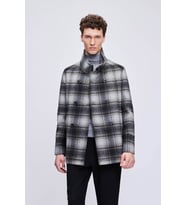 Siyah Slim Fit Hakim Yaka Kruvaze Yünlü Kaşe Kaban