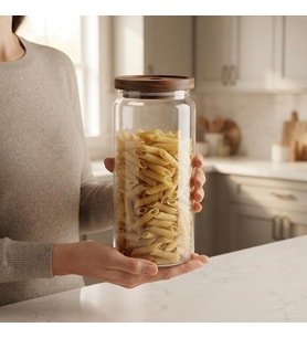 Akasya Kapaklı Yuvarlak Borosilikat Cam Kavanoz 1000 ml, 9 × 20 cm, Orta Delikli Ahşap Kapak, Şeffaf Makarna Bakliyat Kahve Çay ve Kuru Gıda Saklama Kabı, 1 Adet
