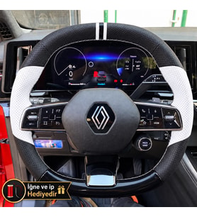 Renault Espace Dikme Direksiyon Kılıfı Delikli Deri Parlak Siyah Beyaz Detay Çift Yüzük ve Dikiş 2023-2026