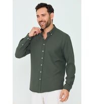 Koyu Yeşil Çizgili Dynamic Fit Erkek Uzun Kollu Gömlek
