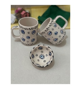 Nazar Boncuk Tasarımlı 2 Adet Kupa Bardak ve 1 Adet Lokumluk (Mavi)