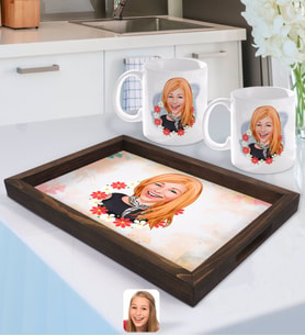 BK Gift Kişiye Özel Kadın Karikatürlü Doğal Ahşap Tepsi ve 2’li Kupa Bardak Seti-51