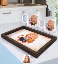 BK Gift Kişiye Özel Kadın Karikatürlü Doğal Ahşap Tepsi ve 2’li Kupa Bardak Seti-51