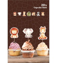 Safari Hayvanları Pastel *Kürdanlı CUPCAKE Süsü *20'li Kalın Kağıt