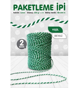 Paketleme ipi / Bağlama İpi /İki Renkli İp Yeşil Beyaz Renk 200 mt-KP082 (Renksiz)