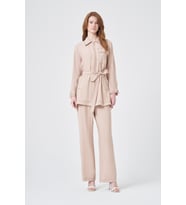 FTZ Women Kadın Kuşak Detaylı Kontrast Dikişli İkili Takım Beige 31346