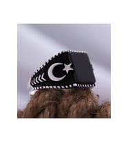 Siyah Oniks Kare Taşlı Ay Yıldız Işlemeli Özel Seri Erkek Gümüş Yüzük