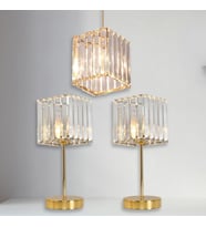 Metal Kristal Camlı Sarkıt Avize ve Abajur Seti Yatak Odası Abajur Salon Avize (Altın)