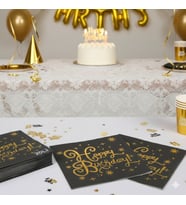 Varaklı Happy Birthday Yazılı Peçete - Siyah Zemin Gold Baskı 20'li