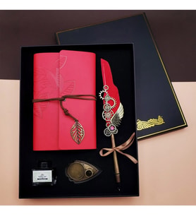 Kişiye Özel Kırmızı Renk Divit Hokka Defter Ve Tüylü Kalem Seti