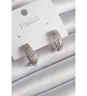 Mey İthalat® Pirinç Gümüş Renk Zirkon Taşlı Yarım Halka Model Kadın Küpe