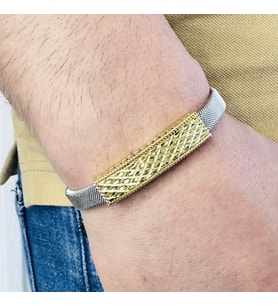 Gümüş Erkek Bileklik 14k Altın Kaplama ,ışıltılı Desen Gümüş Ve Kararmaz Çelik Bant, Şık Hediye (Gold)